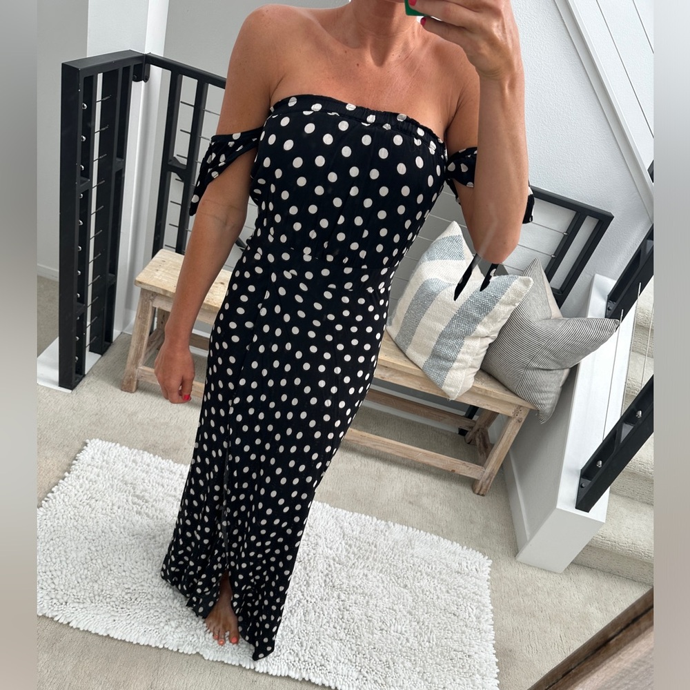 Olivaceous Black & White Polka Dot Off-Shoulder Maxi Dress | M - Picture 3 of 13